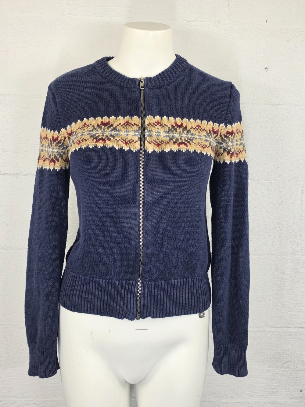 Abercrombie & Fitch Vintage Y2K Navy Zip-Up Fair Isle Cardigan